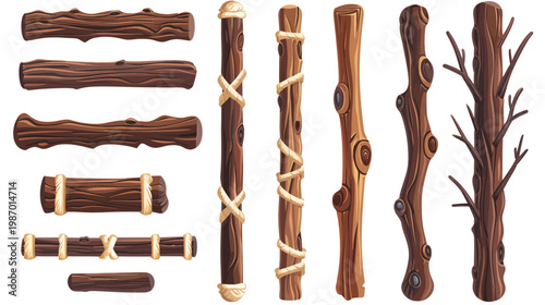 Collection of stylized wooden objects, including logs, poles, and branches, with various textures and rope ties