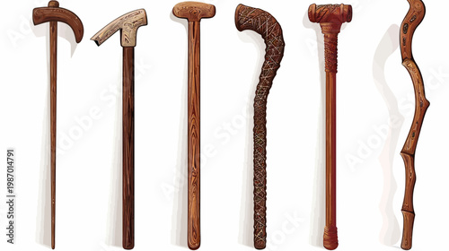 Digitally painted variety of walking aids in several styles with various handle designs on a white background