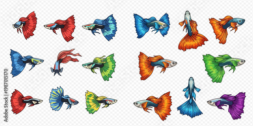 Set of colorful pixel art guppy fish with various fin shapes and vibrant colors, isolated on a transparent background.