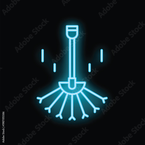 Bright glowing blue neon sprinkler watering plants with a black background