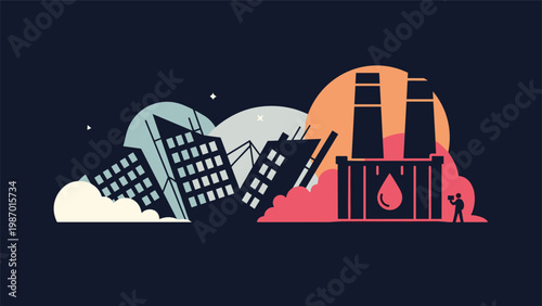 Urban decay scene featuring abandoned crooked buildings and a smoking industrial factory with a oil drop symbol against a dark night sky.