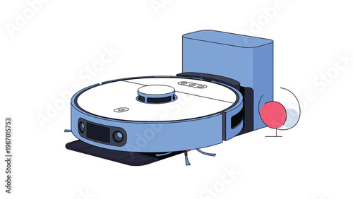 Modern blue robotic vacuum cleaner shown next to its charging dock station for autonomous household cleaning and smart home convenience.