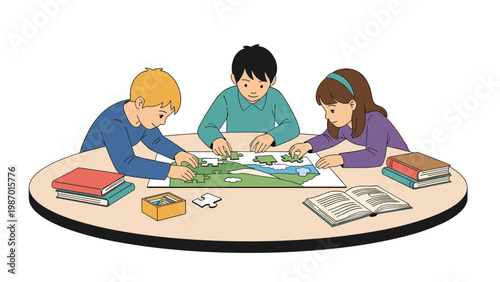 Three young friends sitting around a large circular table focused on completing a scenic jigsaw puzzle together with books nearby.