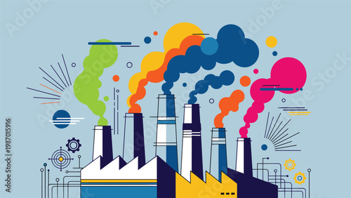 Industrial landscape illustration featuring a large factory with colorful smoke clouds gears and technical symbols highlighting modern manufacturing.