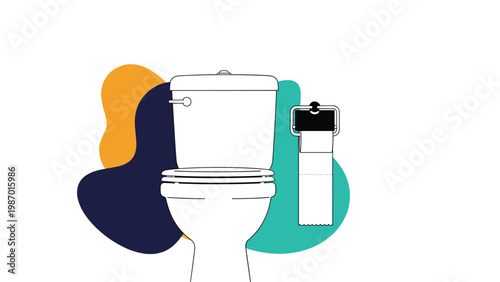 Modern white ceramic toilet with a side-mounted roll of paper against a vibrant abstract background with orange and teal shapes.