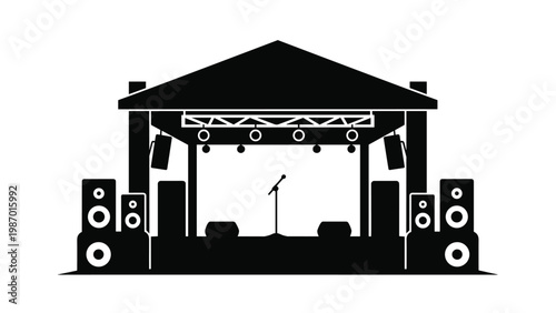 Black silhouette of an empty outdoor music stage featuring speakers, a microphone stand, and overhead lighting equipment for live events.