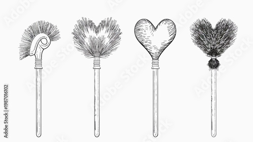 Four stylized illustrations of handheld cleaning devices, each with unique, fanciful top designs