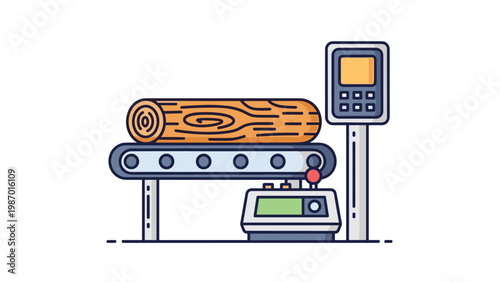 Industrial log processing illustration showing a large timber piece on a conveyor belt being measured by digital electronic equipment.