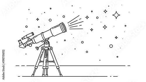 Detailed line drawing of an astronomical telescope on a tripod pointing toward a starry night sky filled with various celestial bodies.