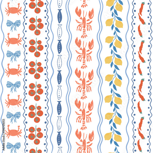 Italian la Dolce Vita vertical striped seamless pattern with lobsters, crabs, lemon, sardines, tomatoes, bows. Mediterranean summer print. Vector wallpaper, background, textile design, wrap paper.