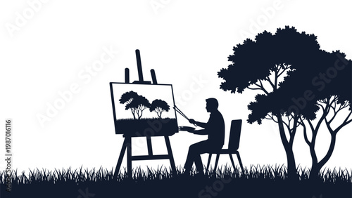 Silhouette of a male artist sitting in a chair and painting a forest landscape on an easel while enjoying a peaceful day in nature.