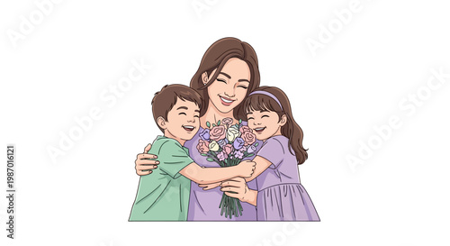 Celebrating a happy Mother's Day in 2026 with family, a cheerful illustration shows a mother lovingly embraced by her two children, holding a bouquet of flowers against a clean white