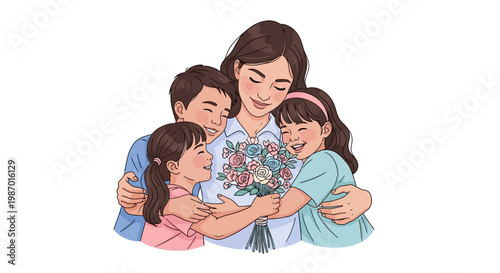 A loving family celebrates a happy Mothers Day in 2026, with three children embracing their mother, who is holding a bouquet of flowers, in a tender, heartwarming moment against a clean