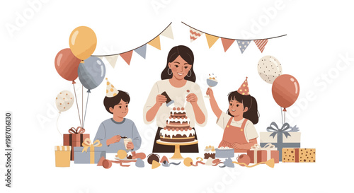 Celebrating happy Mothers Day in 2026 with family, a mother decorates a cake with her children at a party with gifts and balloons set against a clean white background in a bright