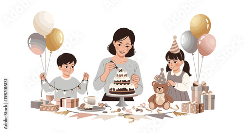 Celebrating a happy Mothers Day in 2026 with family, a vector illustration shows a mother and two children decorating a layered cake surrounded by gifts and balloons, with festive banners