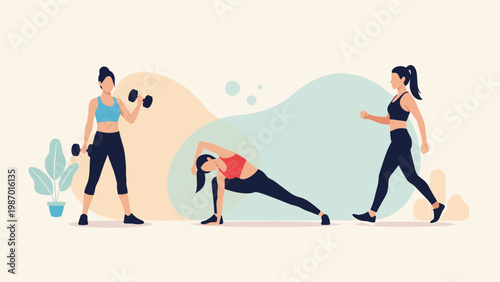 Group of women engaging in various fitness activities including weightlifting, yoga stretching, and brisk walking.