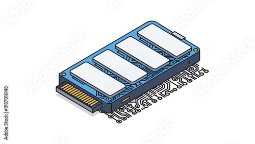 Isometric view of a computer memory storage component showing electronic circuits and chips for technology hardware design projects.