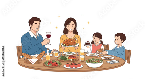 Illustrative family enjoying a happy Mothers Day 2026 celebration with a festive meal at a round wooden table laden with dishes, depicted in a bright, cheerful style against a clean white
