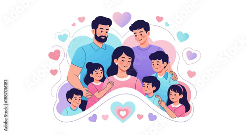 A cartoon family celebrates a happy Mothers Day in 2026, gathered together with loving smiles and surrounded by pastel hearts, depicted in a flat vector illustration against a clean white