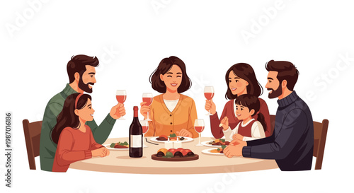 Celebrating a happy Mothers Day 2026 with family, a cartoon-style illustration shows a group gathered around a table, raising their wine glasses in a toast with a warm, inviting color