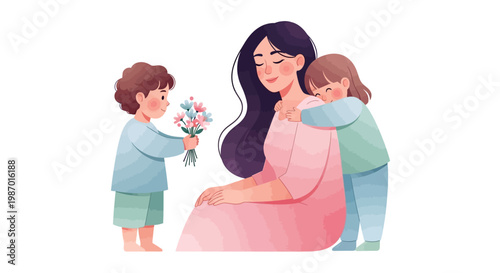 Watercolor illustration depicting a Celebration happy Mothers Day 2026 with family, showing a mother embracing her children, one presenting her with a bouquet of flowers, against a clean