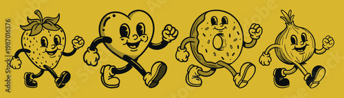 Retro mascot cartoon characters, groovy cartoons vintage rubber hose style. Vector illustration collection pack set of retro groovy cartoon character. 