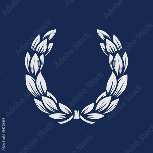 white illustration of a laurel wreath with leaves tied with a ribbon