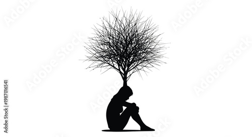 Silhouette of a person sitting under a bare tree with branches growing from their head