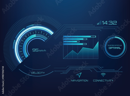 Futuristic blue HUD interface featuring a digital speedometer, analytical data charts, system status indicators, and navigation icons