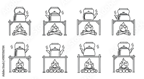 Line art illustration of kettles warming over small campfires in various stages