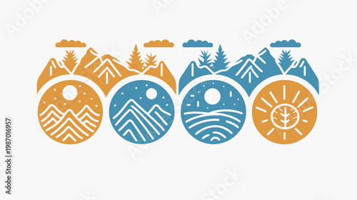 A four-part illustration showcasing scenes of nature within circular frames, using warm and cool tones