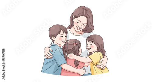 A cheerful cartoon mother embraces her three happy children in a warm hug against a clean white background, creating a heartwarming scene that suggests a loving family celebration