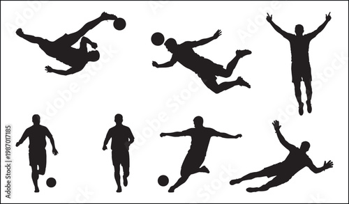 Silhouettes of soccer players in various poses Vector
