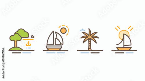 A collection of beach themed icons, featuring a boat, palm tree, a small island, and the sun
