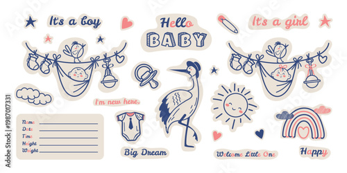 A large set of hand-drawn doodle-style scrapbooking stickers for a baby's birthday. Newborn baby, children's party. Children's party. Cute vector design