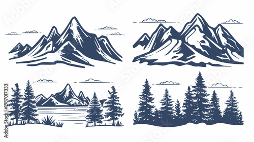 Four black and white illustrations of mountainous landscapes and forested areas