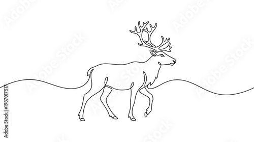 Elegant single line drawing of a majestic reindeer with large antlers walking gracefully across a minimalist landscape representing winter or nature
