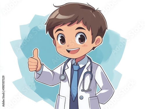 Friendly and Reassuring Chibi Style Cartoon Doctor Character Giving a Thumbs Up Gesture to Provide Positive Medical Support and Guidance