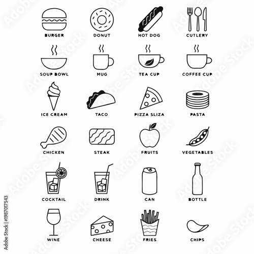 Culinary Delights: A collection of meticulously crafted, minimalist line art icons that represent the delicious world of food and beverages. A diverse array of edible items are showcased.