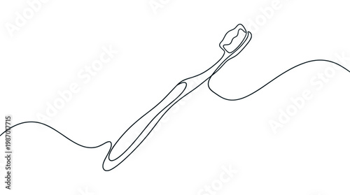 Minimalist single line drawing of a toothbrush with toothpaste on its bristles, symbolizing dental hygiene and oral care in a clean, simple aesthetic.