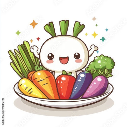 Adorable chibi character featuring a plate filled with a vibrant rainbow assortment of fresh vegetables  promoting the concept of balanced  nutritious meals and healthy eating