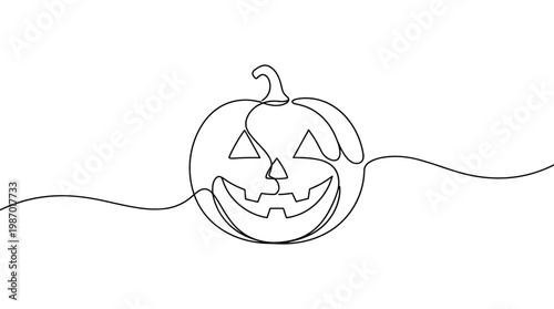 Single line drawing of a happy halloween pumpkin jack o lantern with a carved face and stem on a white background