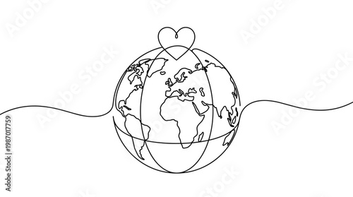 Single line drawing of planet Earth with a heart on top symbolizing love and care for the world and environmental protection