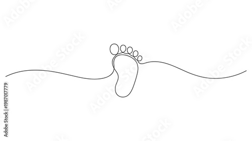 Minimalist single line drawing of a baby footprint symbolizing new life, growth, and the beginning of a journey on a clean white background