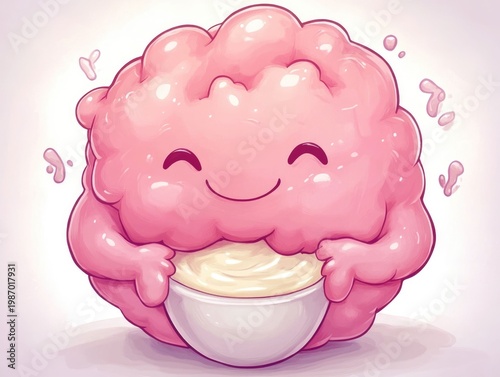 Cheerful and playful chibi style character holding a bowl of probiotics and yogurt  representing the concept of digestive health  gut wellness