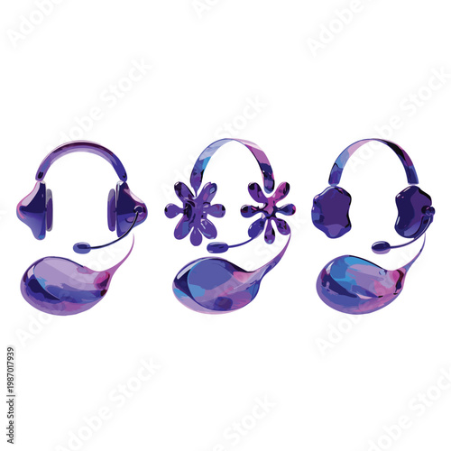 Headphone Set Design: A creative graphic design showcases three unique headphones with elegant floral or droplet accents. The design captures the essence of communication, entertainment.