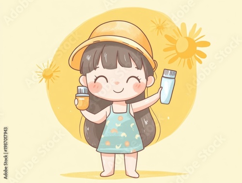 Cheerful and Carefree Chibi Character Happily Applying Sunscreen to Protect Her Skin from the Bright Sunny Sky  Promoting Skin Care and Sun Protection Lifestyle
