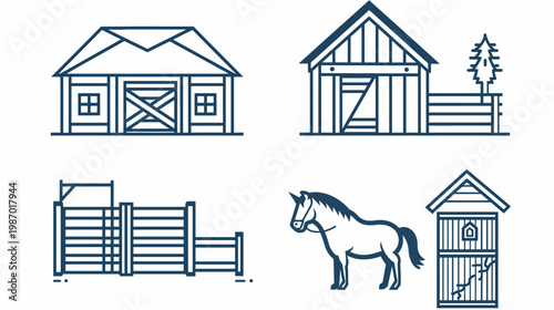 Linear illustration of farm structures barns, stables, fences, and a horse. Simple and outlined