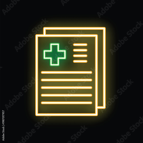 Glowing neon medical history with a green cross and yellow files