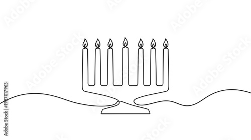 Minimalist single line drawing of a menorah with seven lit candles on a white background symbolizing Hanukkah celebration and Jewish tradition